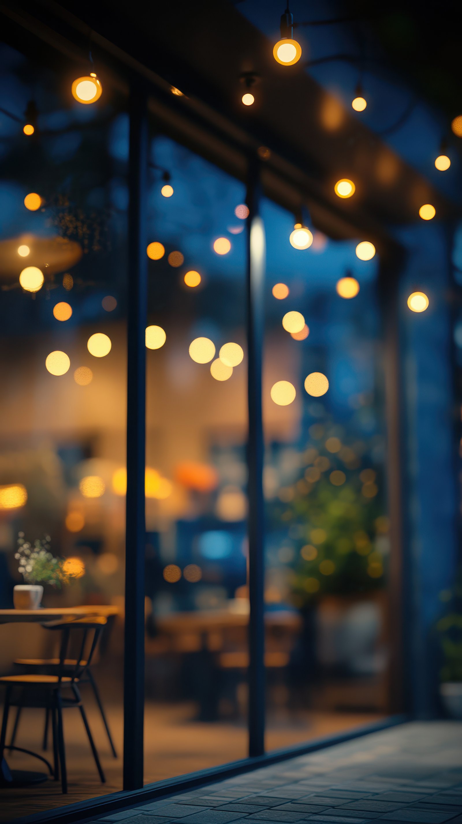 Soft lights illuminate a cozy cafe patio during a tranquil evening